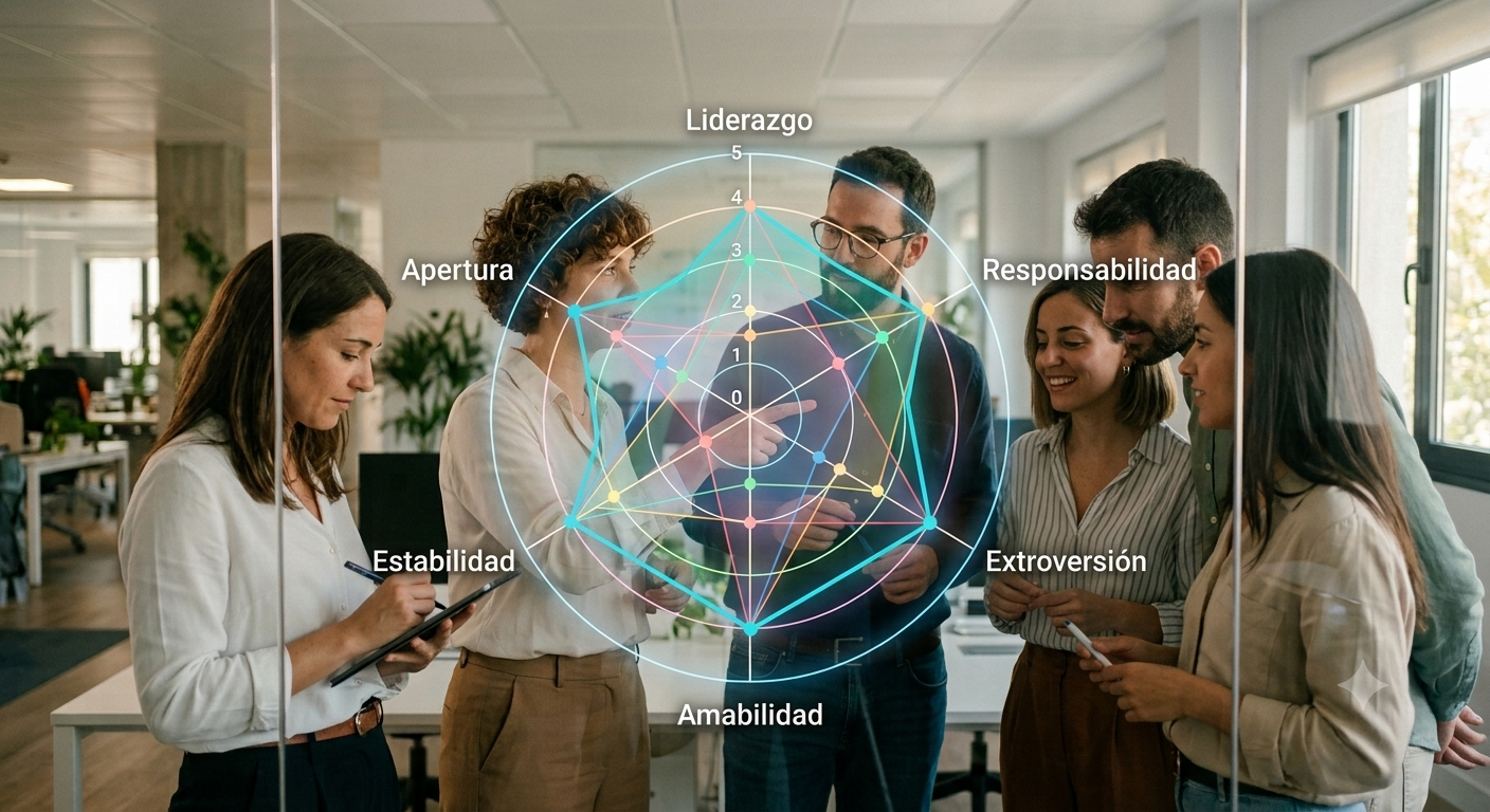 Equipo de trabajo colaborando con un gráfico de radar de habilidades blandas superpuesto