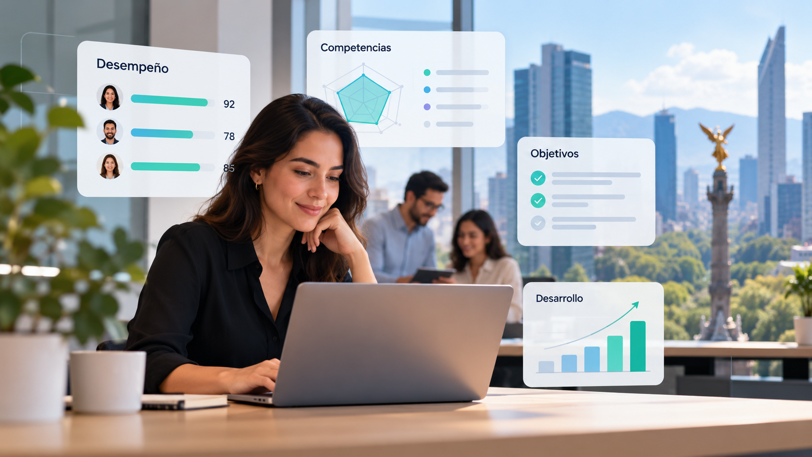 Software de evaluación de desempeño en México: profesional en una oficina de la Ciudad de México rodeada de paneles de desempeño, competencias, objetivos y desarrollo